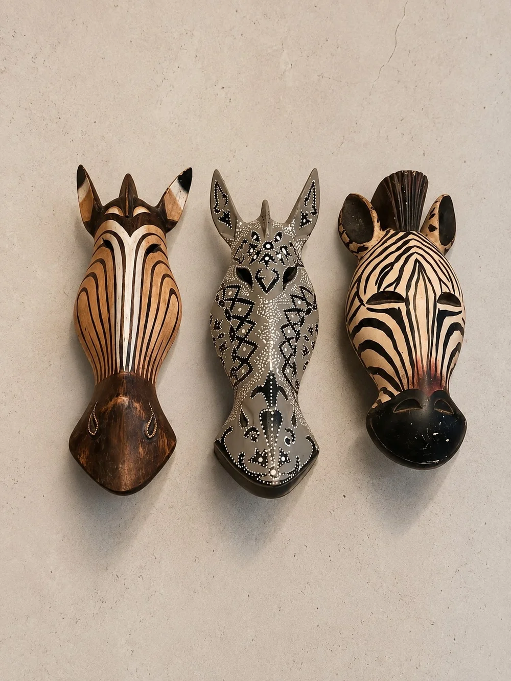 Handcrafted Zebra & Giraffe Wall Mask Trio in Natural, Black, and Beige